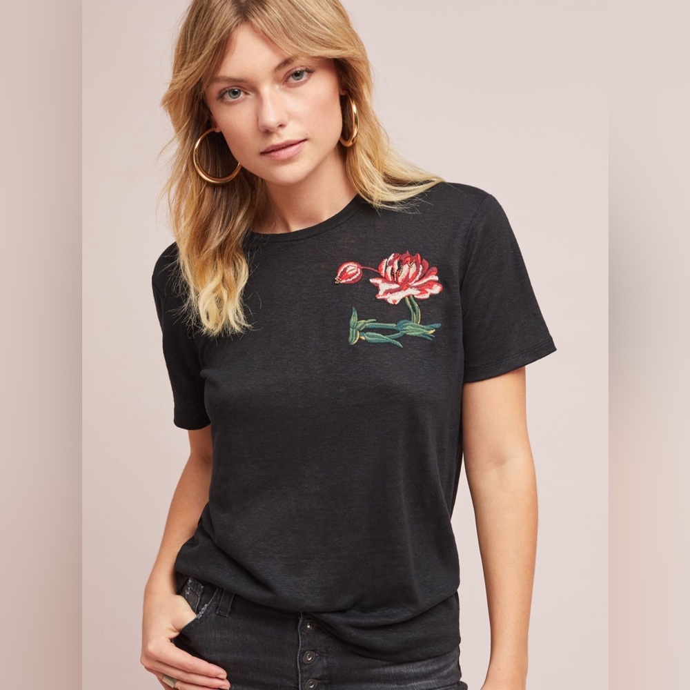 EUC Anthropologie Rona Embellished Linen Cotton Blend Tee Black Size Small